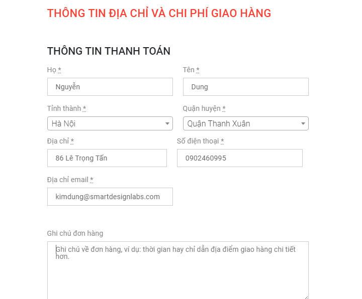 Điền thông tin đỉa chỉ 